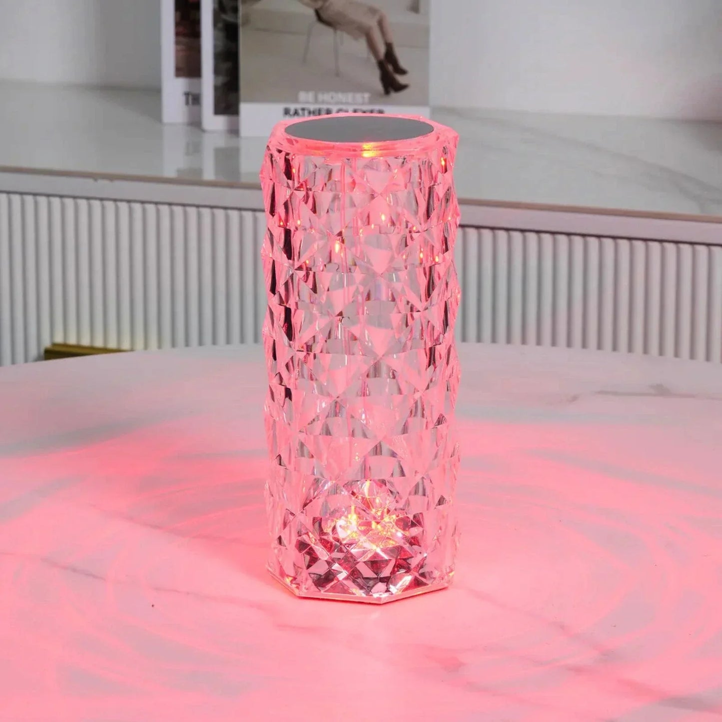 Kristall-Tischlampe mit rotem LED-Licht, zylindrisch, modernes Design, Dekoration.