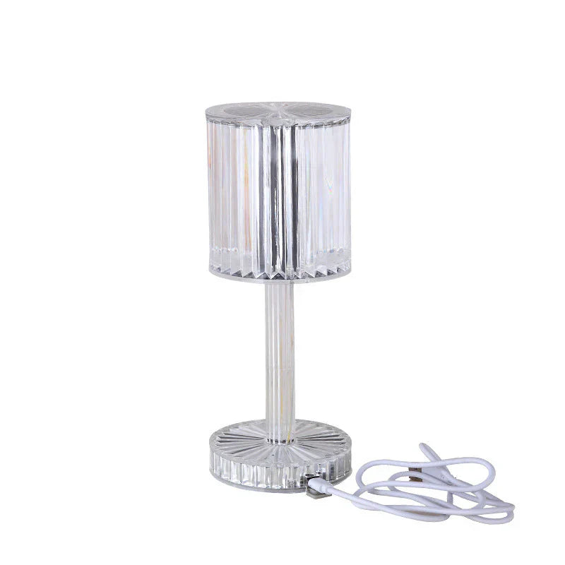 Transparente Tischlampe aus Kunststoff mit USB-Anschluss, modernes Design, zylindrische Form.