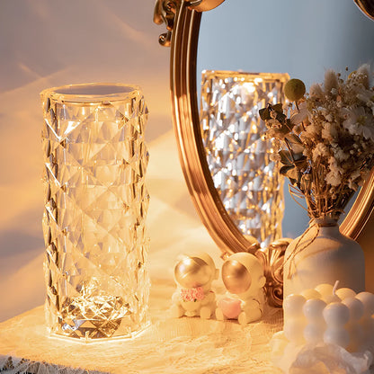 Kristall-Tischlampe mit warmem Licht, dekorativer Spiegel, Trockenblumen, elegantes Design