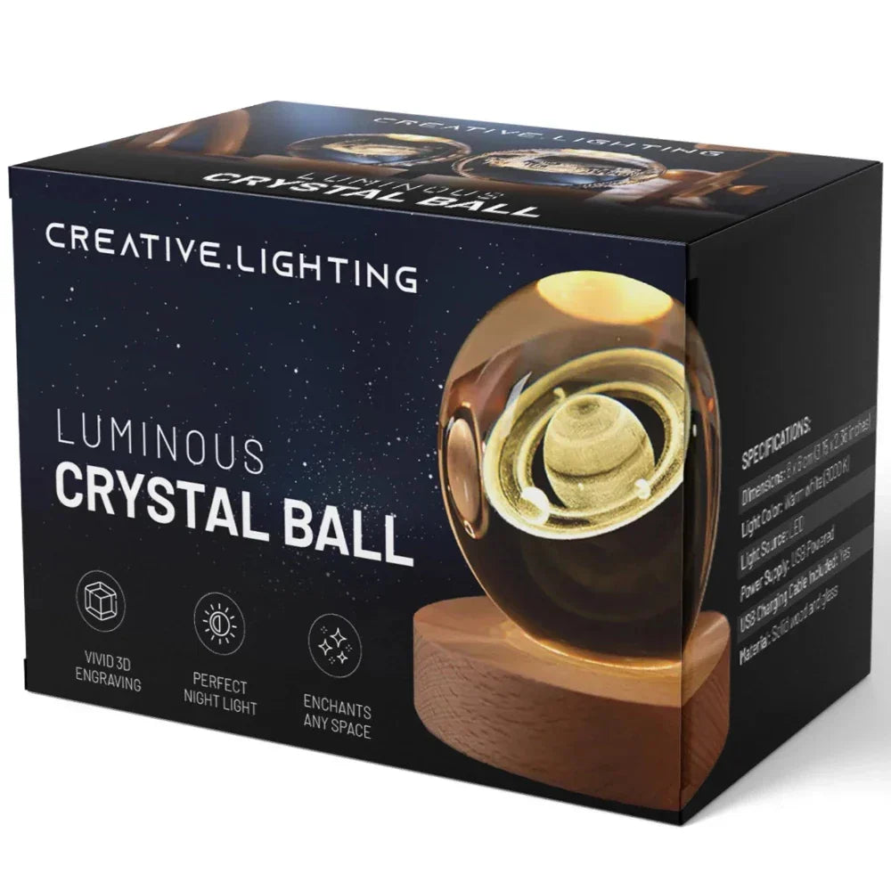 Verpackungsdesign für leuchtende Kristallkugel, 3D-Gravur, Nachtlicht, Holzsockel.