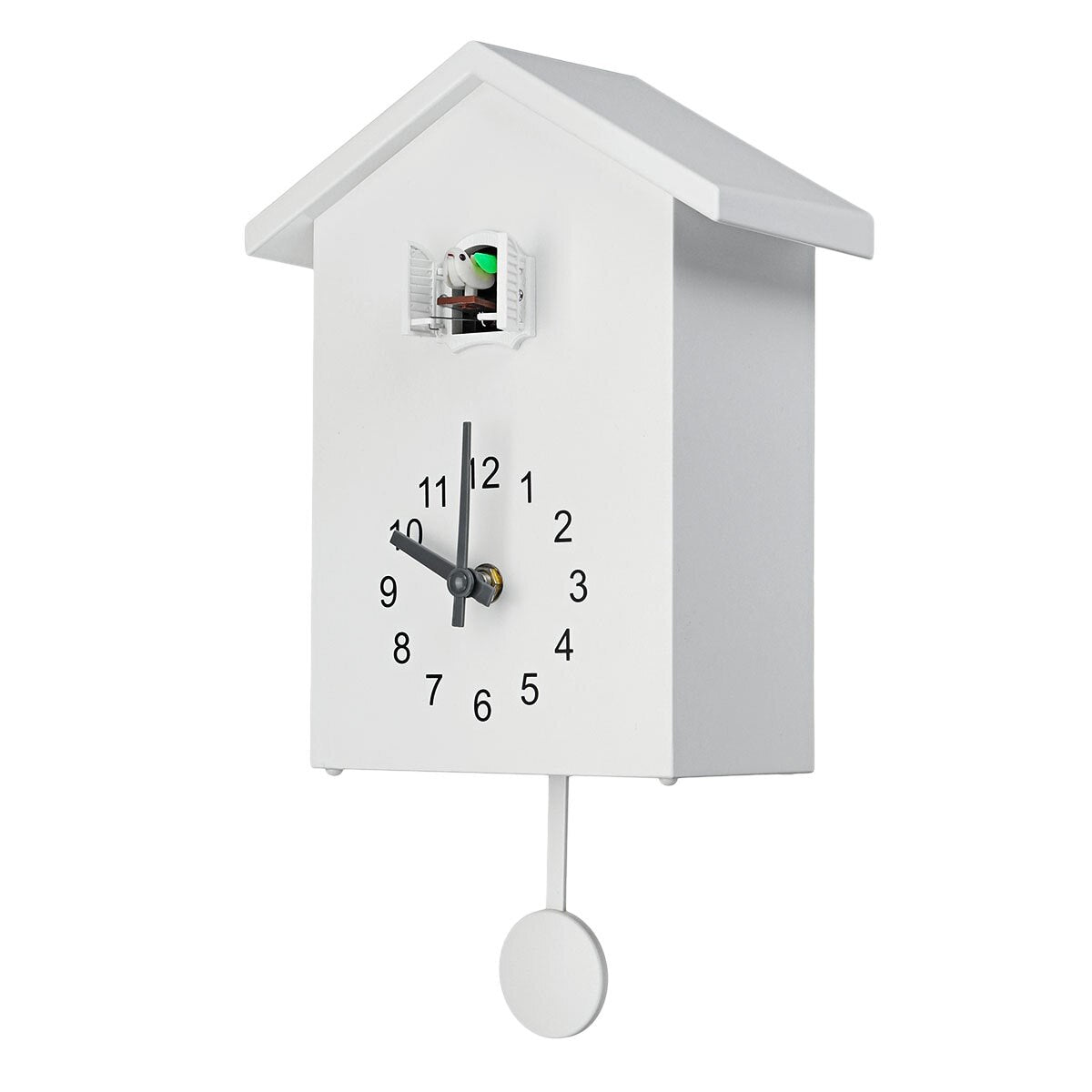 Weiße Kuckucksuhr aus Holz, modernes Design, mit Pendel, ideal für Wohnzimmerdekoration.