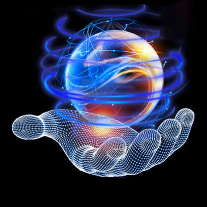 Futuristische digitale Hand hält leuchtende, blaue und orange Kugel, Technologie, Innovation.