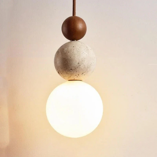 Moderne Hängelampe aus Beton und Holz, minimalistisches Design, warmes Licht, Wohnzimmerbeleuchtung.