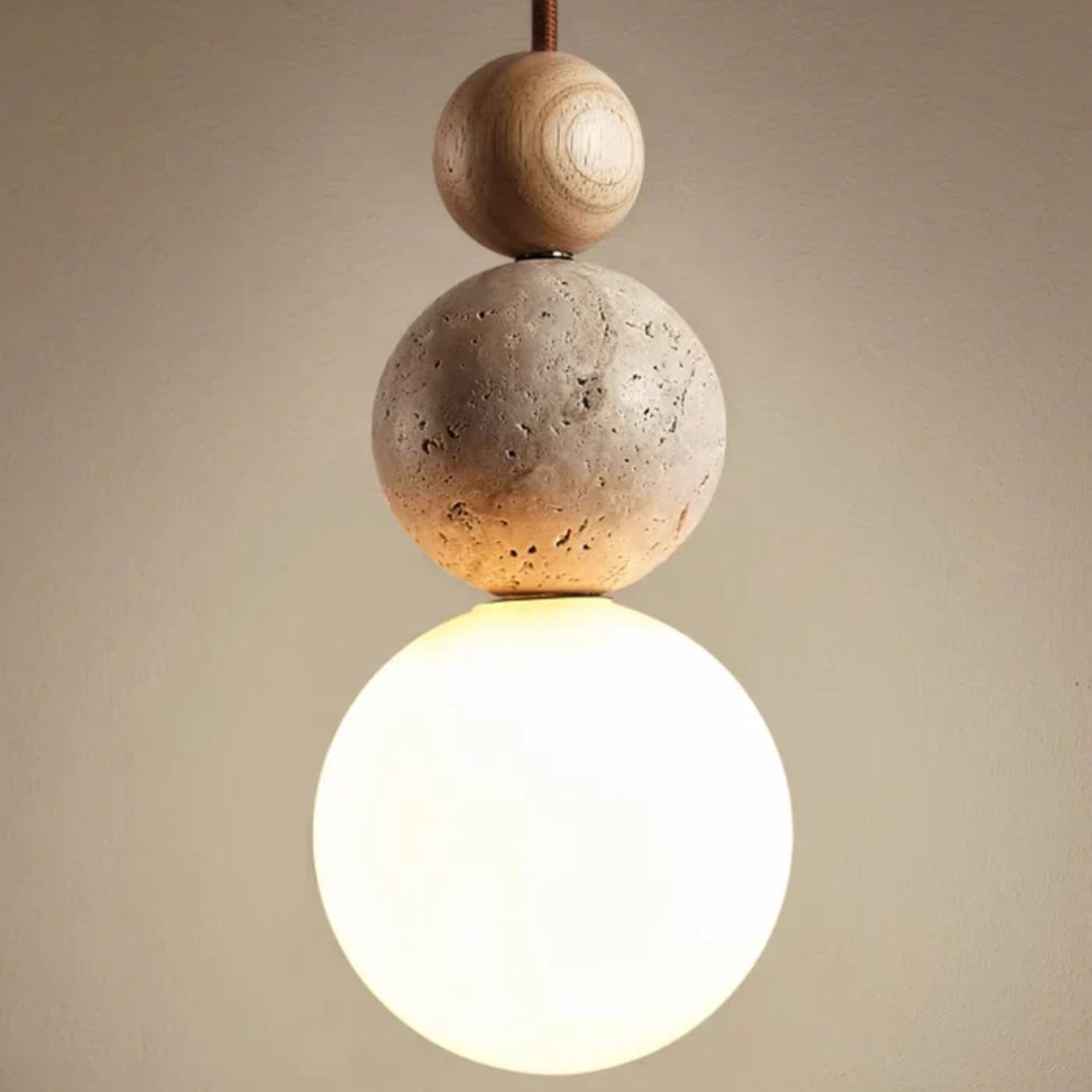 Moderne Hängelampe aus Holz und Stein, minimalistisches Design, warmes Licht, Wohnzimmerbeleuchtung.