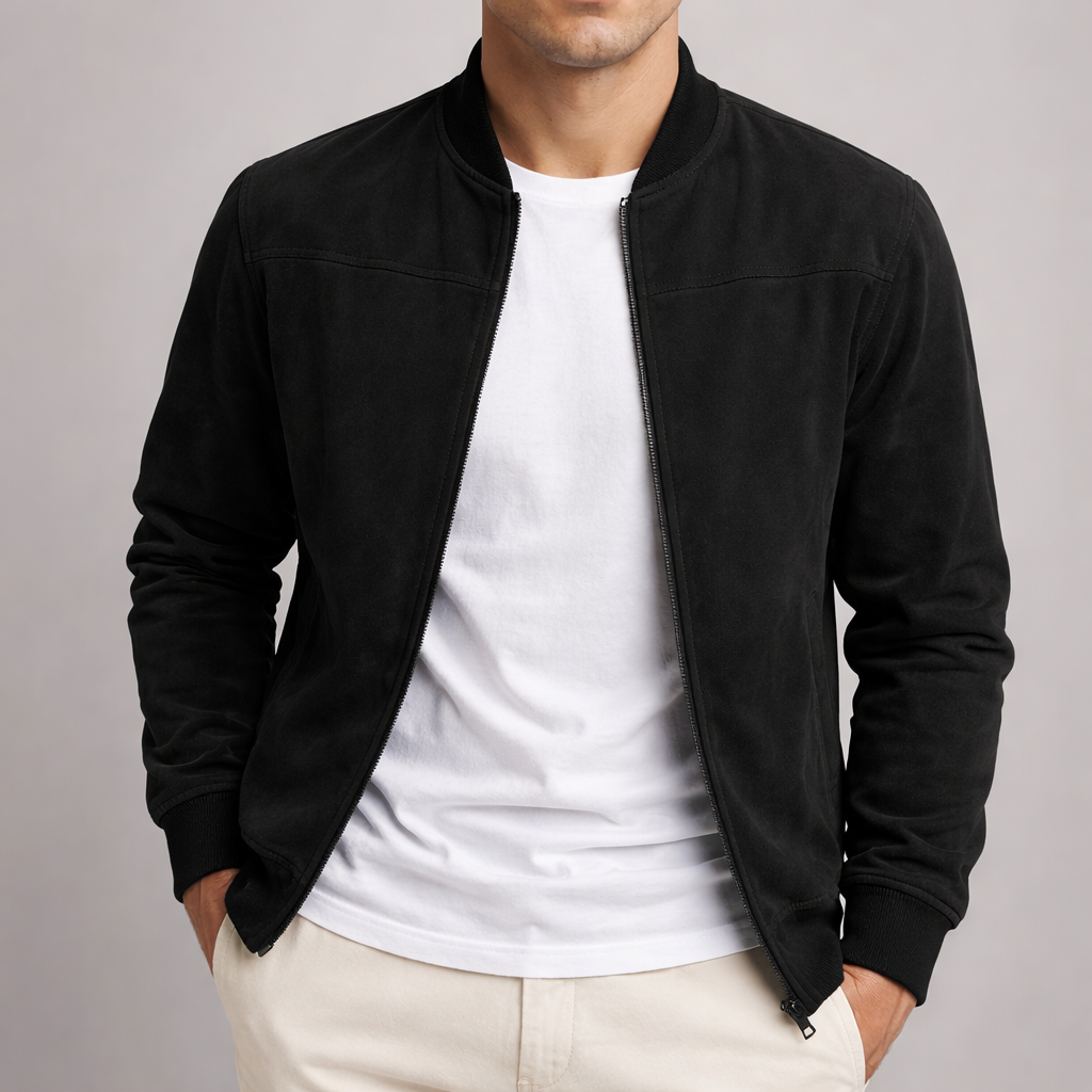 Schwarze Jacke mit Stehkragen, offen getragen über weißem T-Shirt und heller Hose, Hände in den Hosentaschen. 5