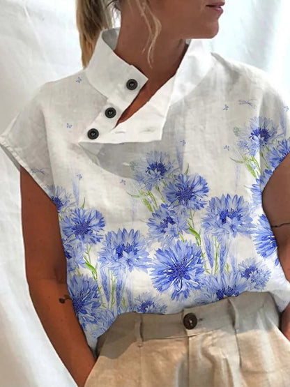 Damenbluse | Knöpfe | Kurze Ärmel | Print | Rundhalsausschnitt-Blaue Blumen-S-Luzern Mode