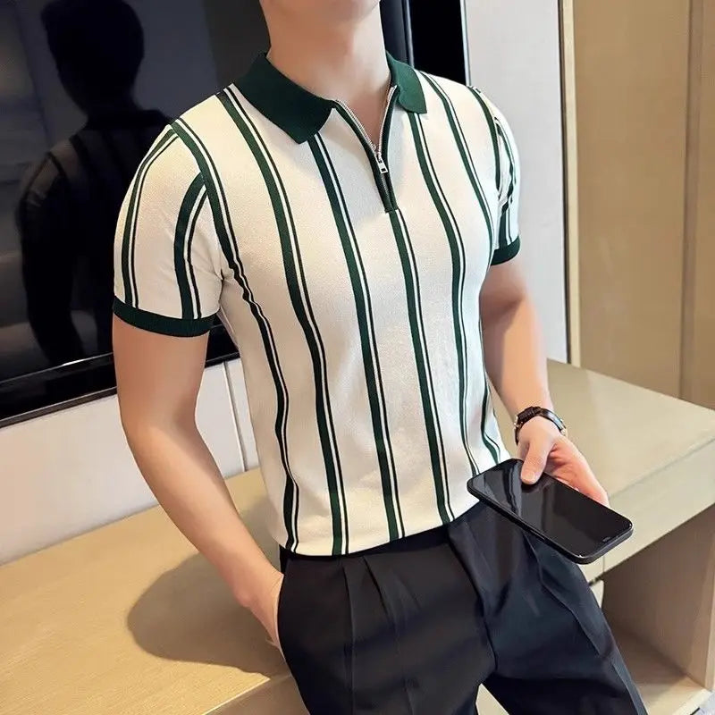 Herren Poloshirt | Kurzarm | Reißverschluss | Gestreift | Regular Fit-Weiß-M-Luzern Mode
