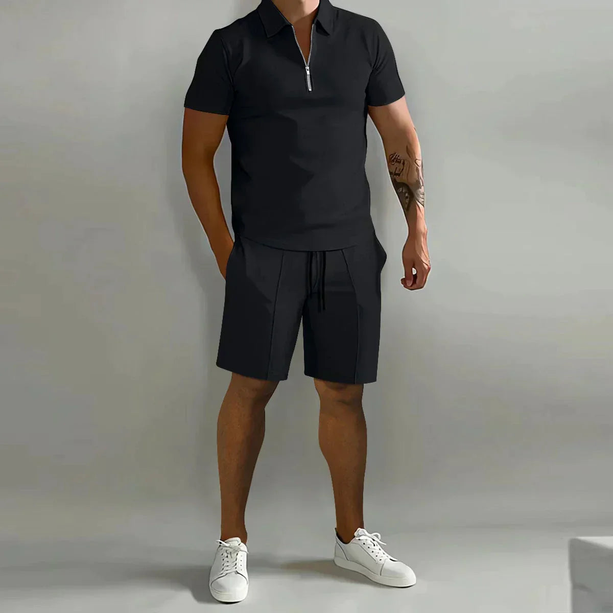 Herren Trainingsanzug, schwarz, Kurzarm-Poloshirt, Sportshorts, Sommermode, Freizeitkleidung.