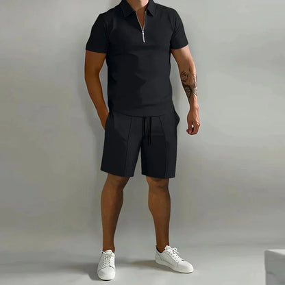 Herren Trainingsanzug, schwarz, Kurzarm-Poloshirt, Sportshorts, Sommermode, Freizeitkleidung.