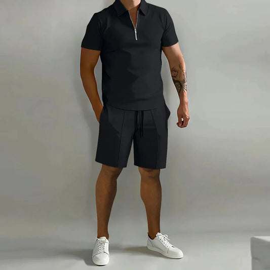 Herren Trainingsanzug, schwarz, Kurzarm-Poloshirt, Sportshorts, Sommermode, Freizeitkleidung.