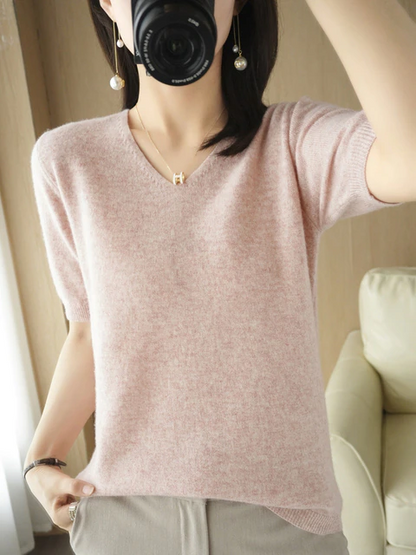 Damen V-Ausschnitt Pullover, rosa, Baumwollmischung, kurzärmelig, modisch, bequem.