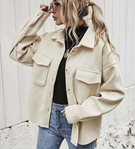 Damen Jacke | Knopfleiste | Kragen | Langarm | Einfarbig | Locker-Beige-S-Luzern Mode