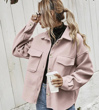 Damen Jacke | Knopfleiste | Kragen | Langarm | Einfarbig | Locker-Rosa-S-Luzern Mode