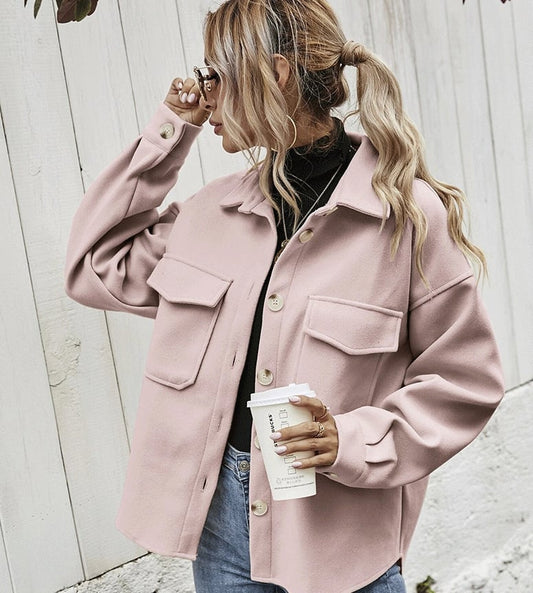 Damen Jacke | Knopfleiste | Kragen | Langarm | Einfarbig | Locker-Rosa-S-Luzern Mode