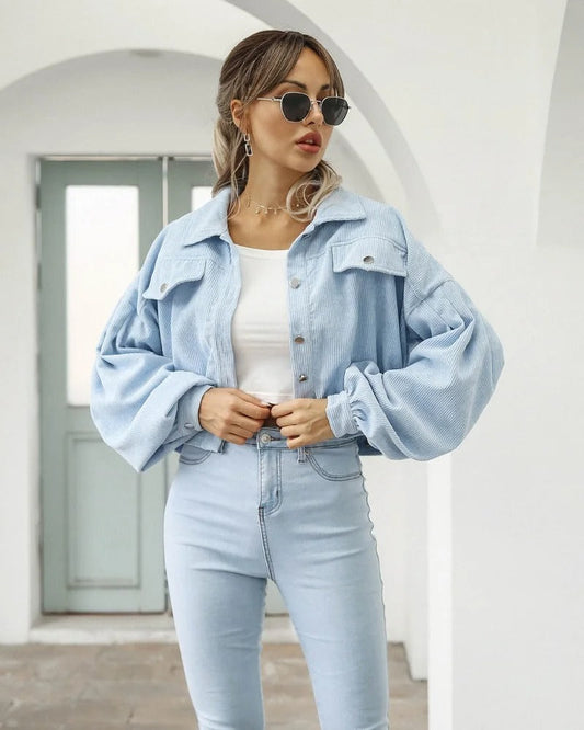 Damen Jeansjäckchen | Kurz | Langarm | Gepufften Ärmeln | Einfarbig-Blau-S-Luzern Mode