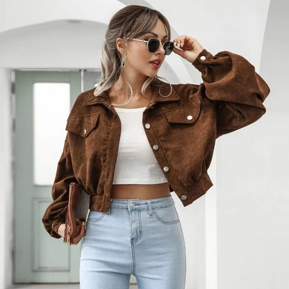 Damen Jeansjäckchen | Kurz | Langarm | Gepufften Ärmeln | Einfarbig-Braun-S-Luzern Mode
