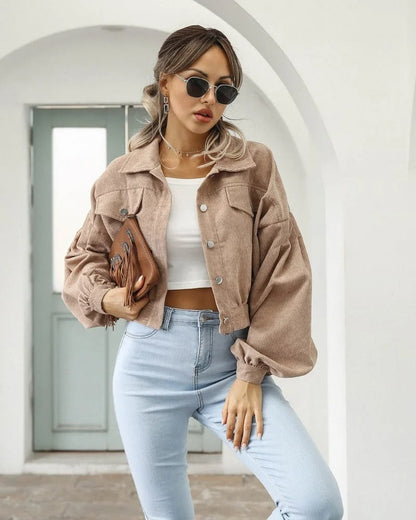 Damen Jeansjäckchen | Kurz | Langarm | Gepufften Ärmeln | Einfarbig-Khaki-S-Luzern Mode