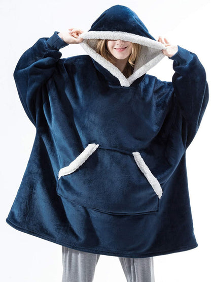 Dunkelblauer Oversize-Hoodie-Decke, Fleece, Kapuze, Kängurutasche, gemütlich, warm.