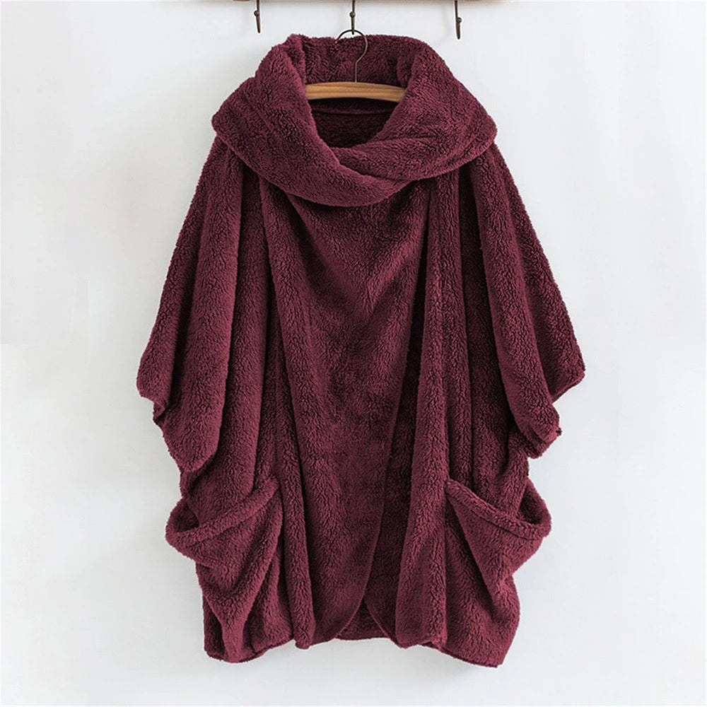 Bordeauxfarbener Fleece-Poncho mit Kapuze, gemütlich, warm, Damenmode, Herbst-Winter.