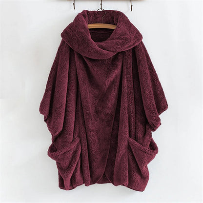 Bordeauxfarbener Fleece-Poncho mit Kapuze, gemütlich, warm, Damenmode, Herbst-Winter.