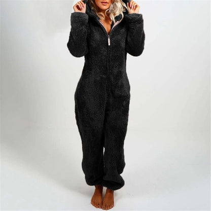Damen Einteiler Pyjama, schwarz, Fleece, Kapuze, gemütlich, warm, Nachtwäsche, Wintermode.