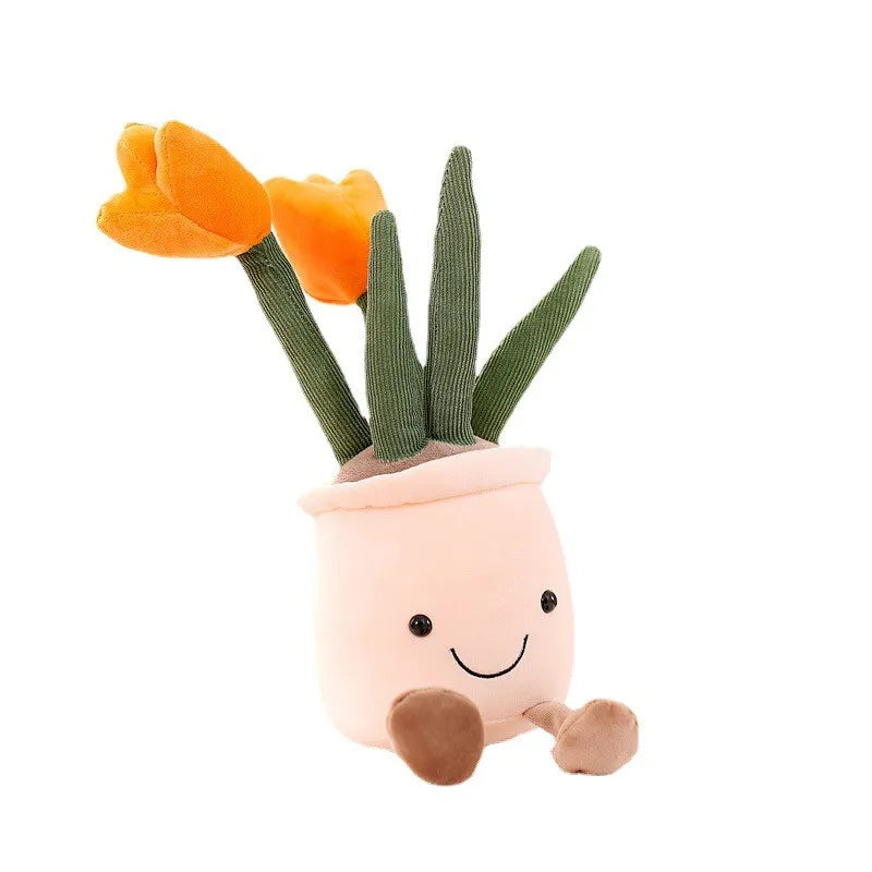 Plüsch-Tulpe in orange, lächelnder Blumentopf, weiches Spielzeug, Kinderzimmer-Dekoration