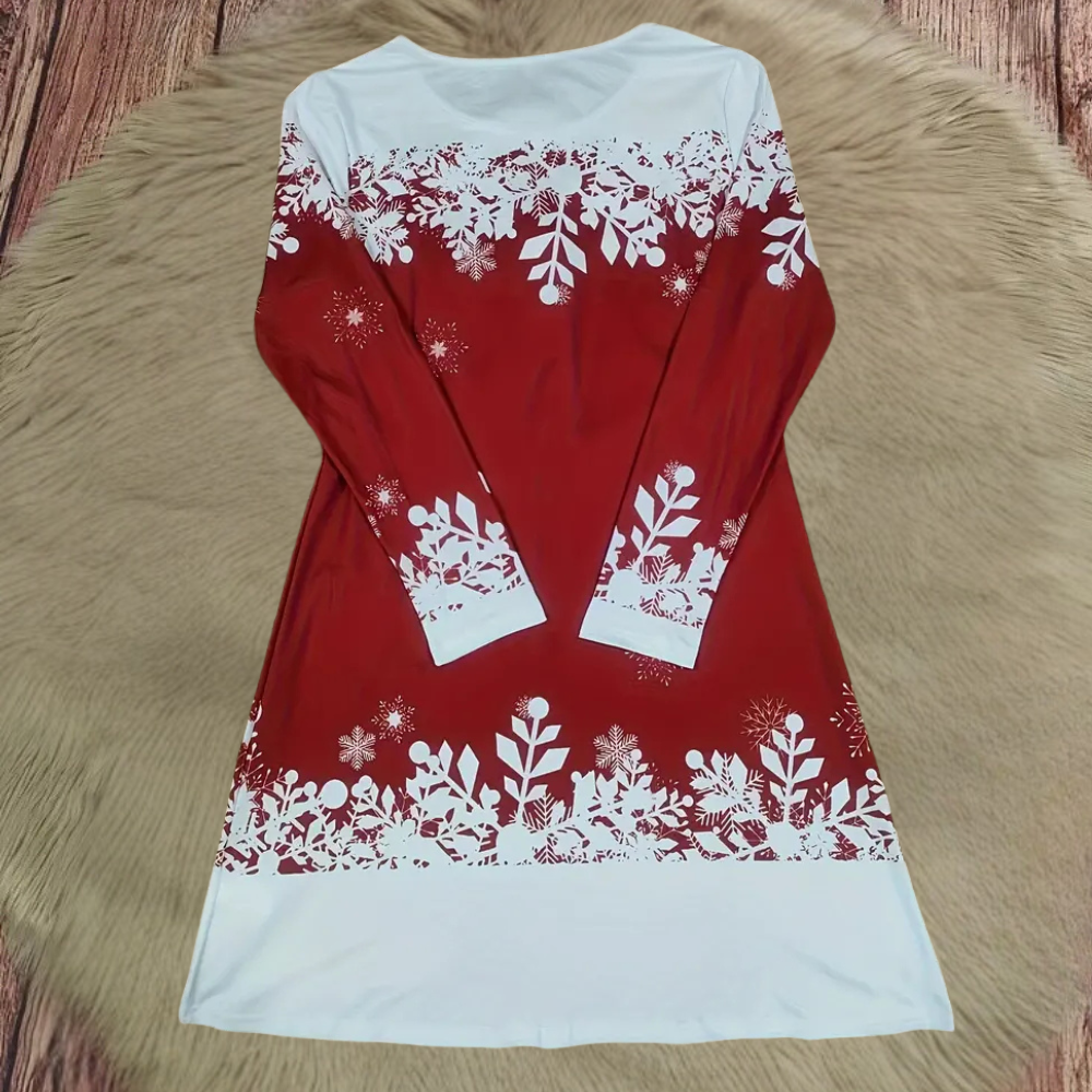 Rotes Damenkleid mit weißen Schneeflocken und Blumenmuster, langärmelig, festlich.