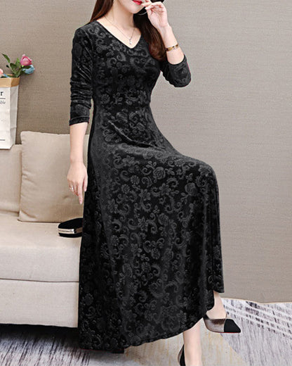 Damen Maxikleid, schwarz, langärmelig, florales Muster, elegantes Design, Abendmode.