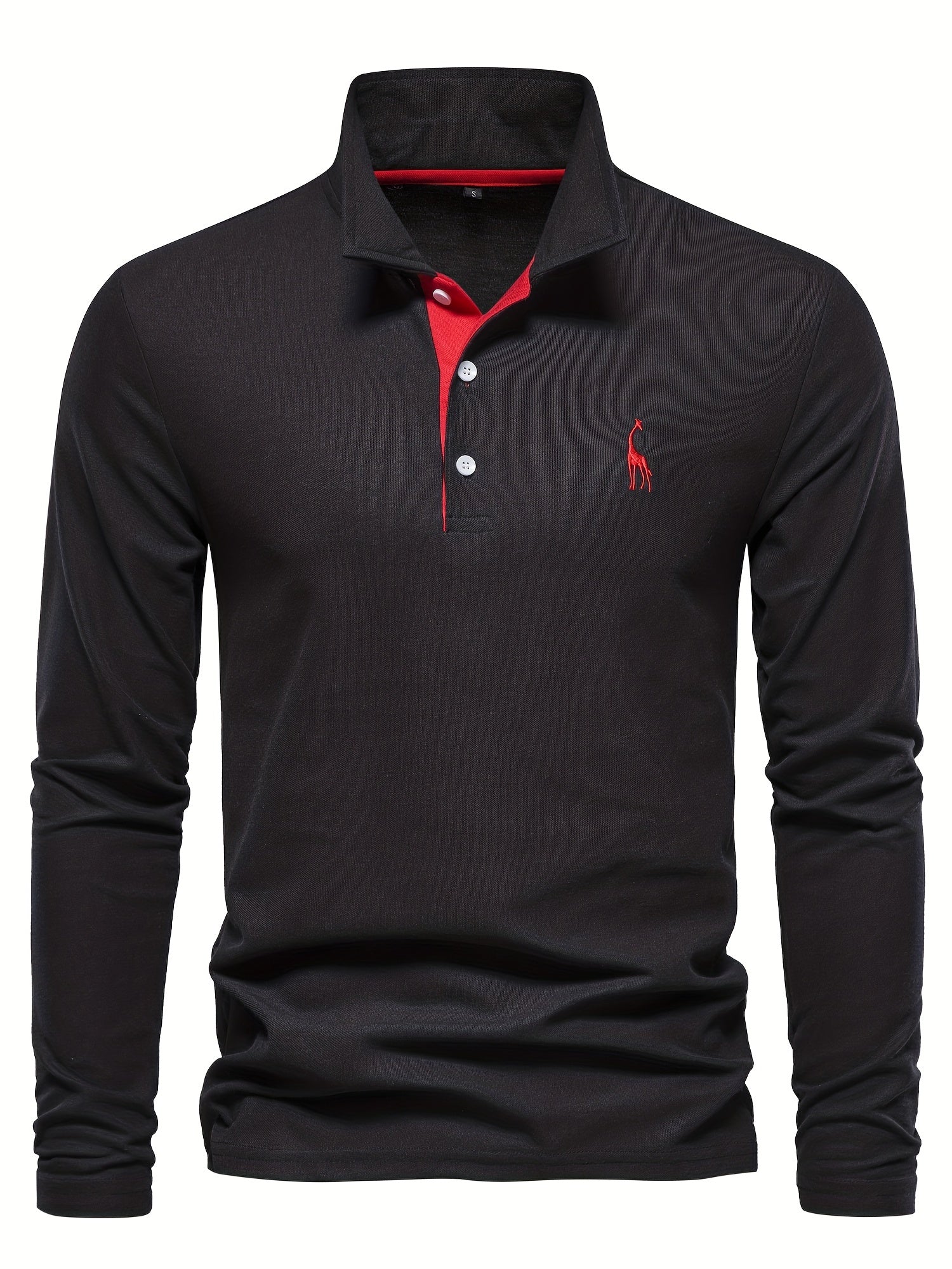 Schwarzes Langarm-Poloshirt mit rotem Kragen, Knopfleiste und gesticktem Logo für Herren.