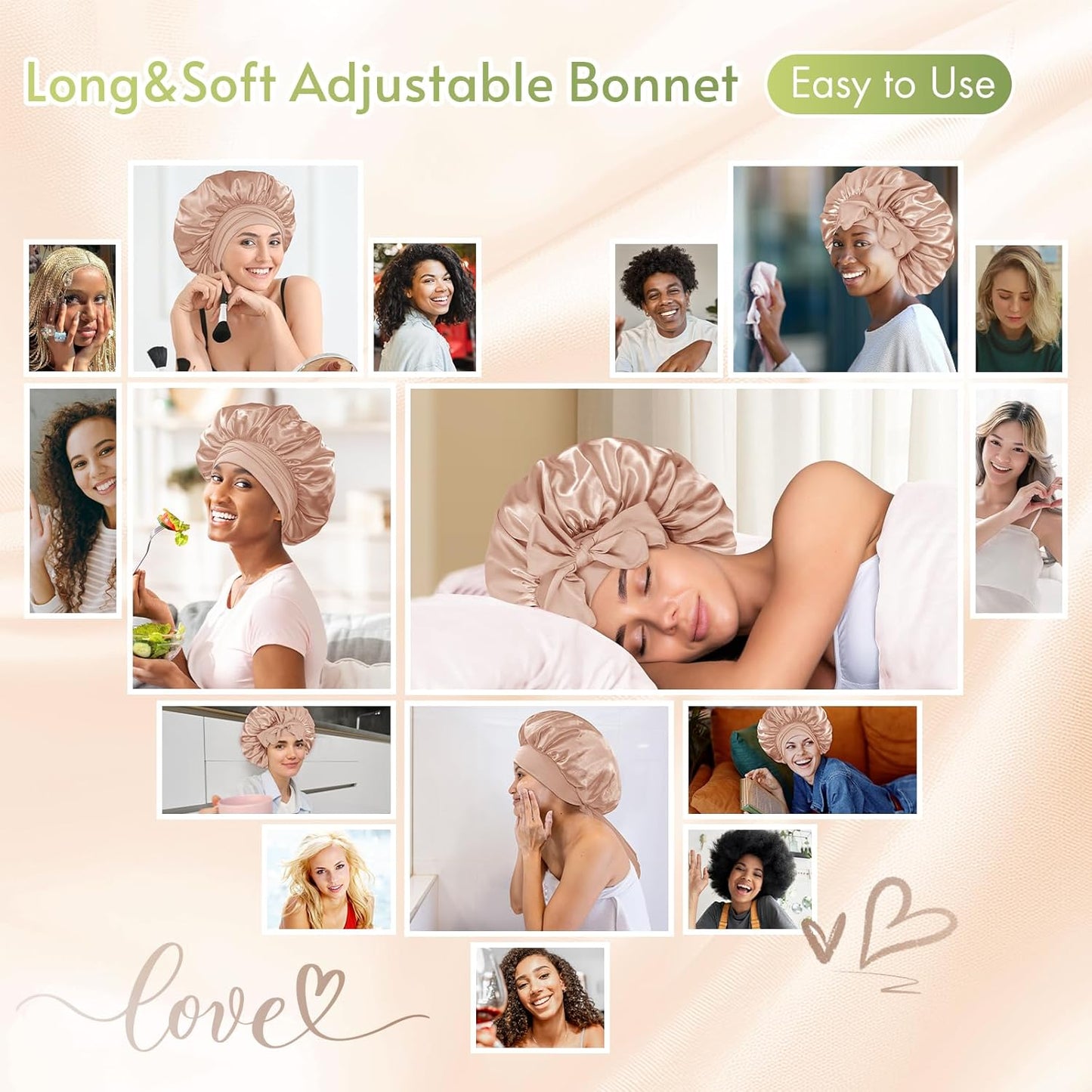 Seidenhaube verstellbar, beige, für Haarpflege, Schlaf, Damen, weich, komfortabel.