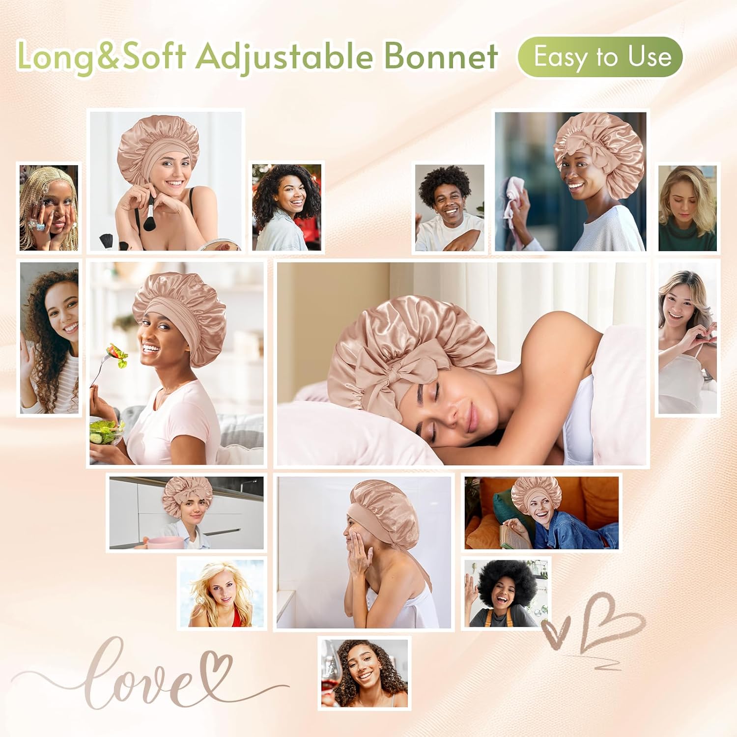 Seidenhaube verstellbar, beige, für Haarpflege, Schlaf, Damen, weich, komfortabel.
