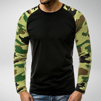 Herren Langarmshirt, schwarz mit Camouflage-Ärmeln, Baumwolle, modisch, Freizeitkleidung.