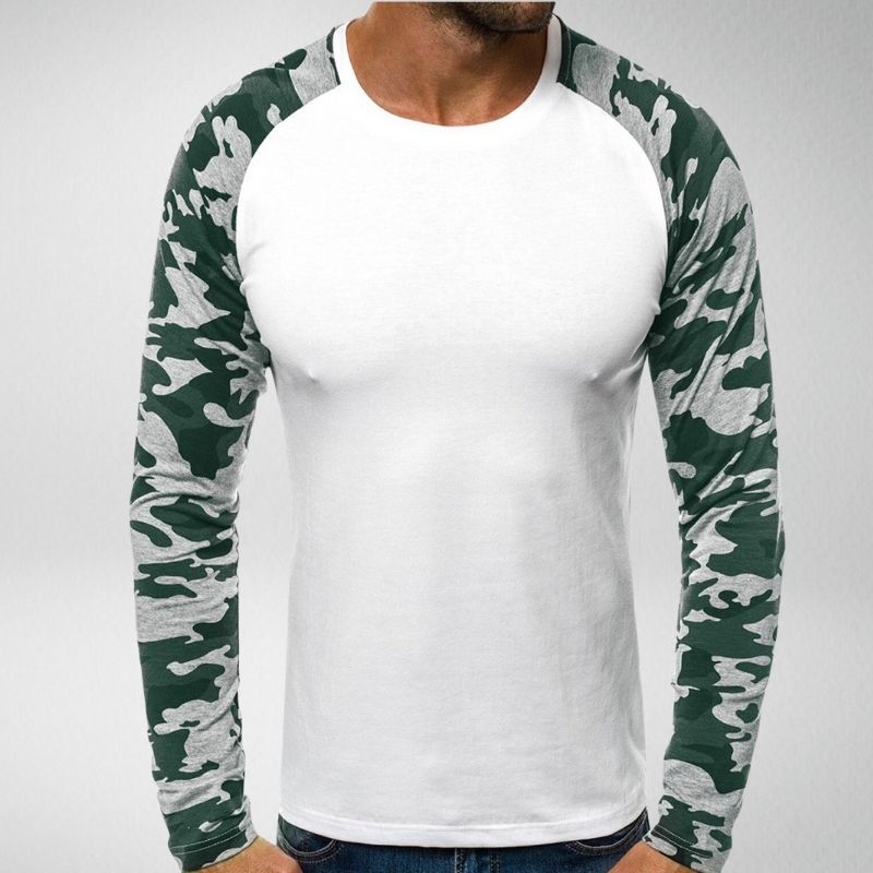 Herren Langarmshirt, weiß mit grünen Camouflage-Ärmeln, Baumwolle, modisch, bequem.