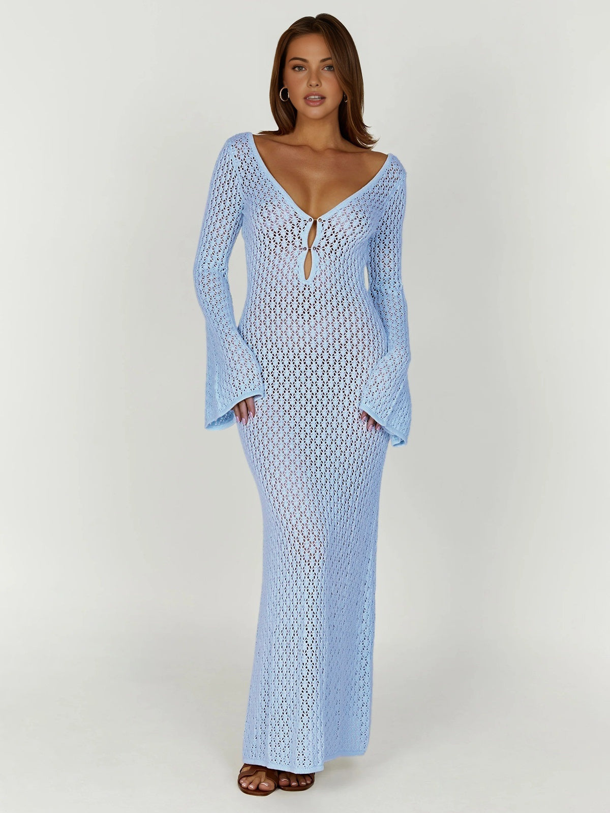 Strandkleid Damen Sommer | Rückenausschnitt | V-Ausschnitt | Leicht | Langarm-Hellblau-XS-Luzern Mode