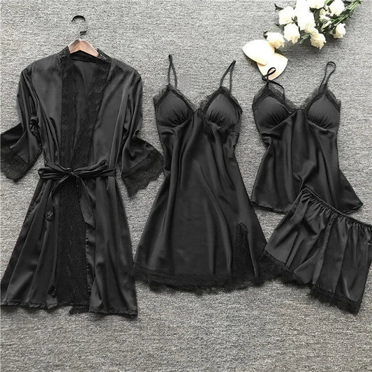 Schwarzes Damen-Pyjama-Set aus Satin mit Spitze, 4-teilig, Nachtwäsche, elegant.