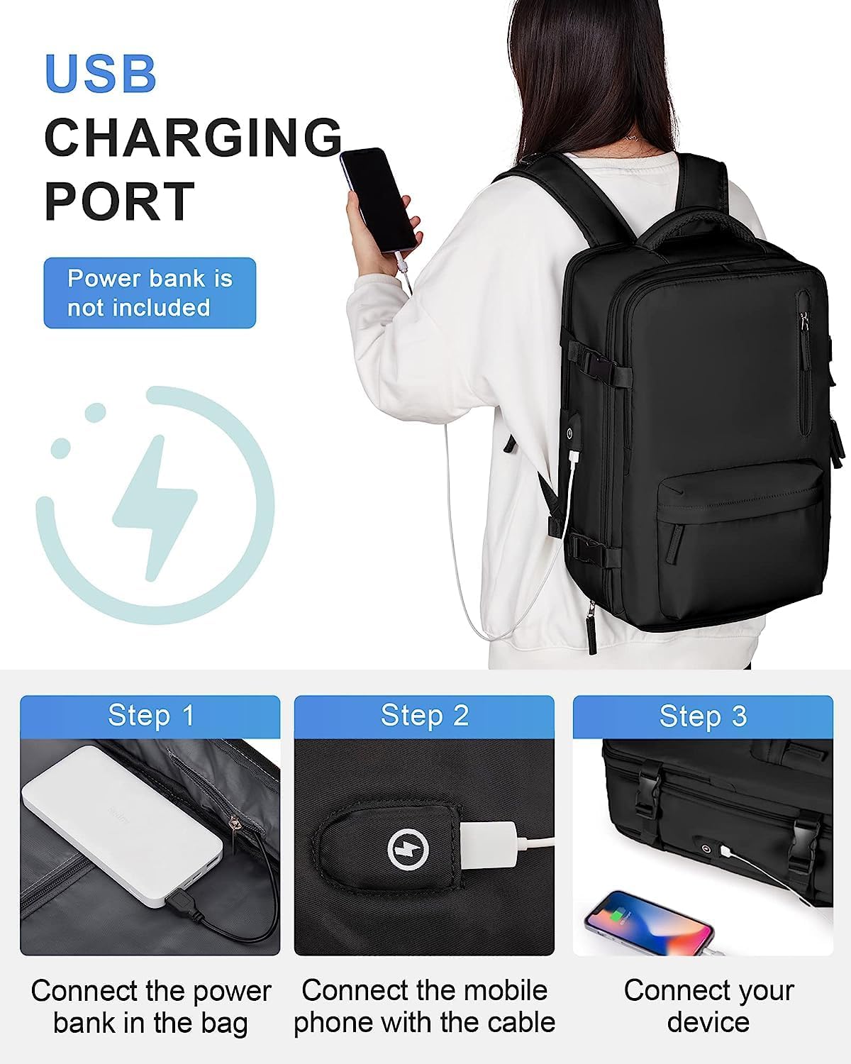 Wasserdichter Reiserucksack mit Schuhfach und USB-Anschluss – Geeignet für 14"-Laptop