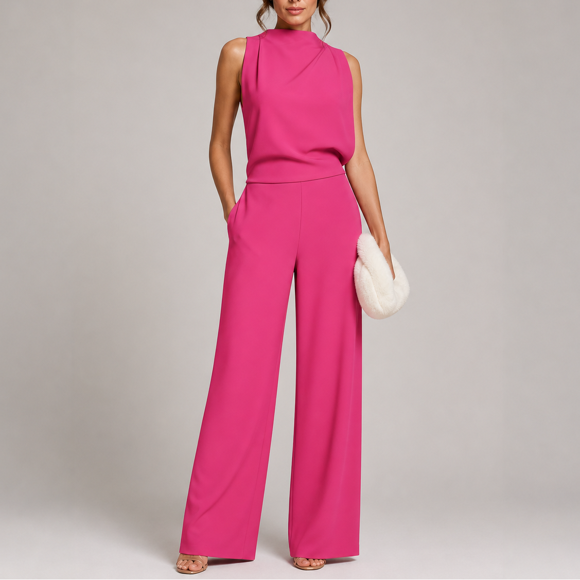 Ärmelloser Overall in leuchtendem Pink mit hohem Kragen, Model hält eine weiße Fellclutch 4