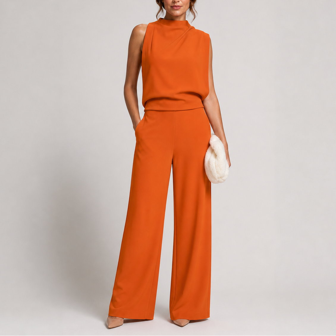 Ärmelloser Overall in Orange mit weiter Hose, Frau trägt dazu helle Pumps und Fellclutch 5