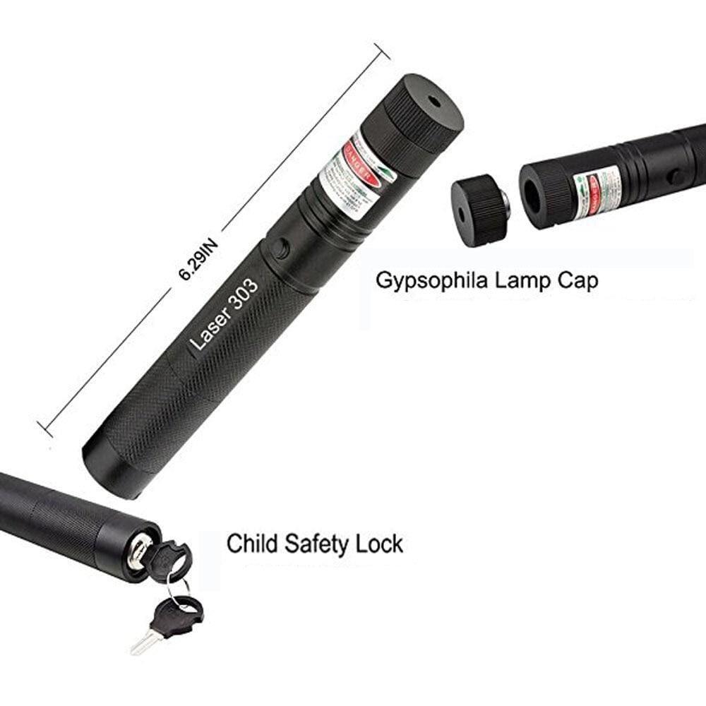 Schwarzer Laserpointer 303 mit Kindersicherung, Gypsophila-Lampenkappe und Schlüssel.