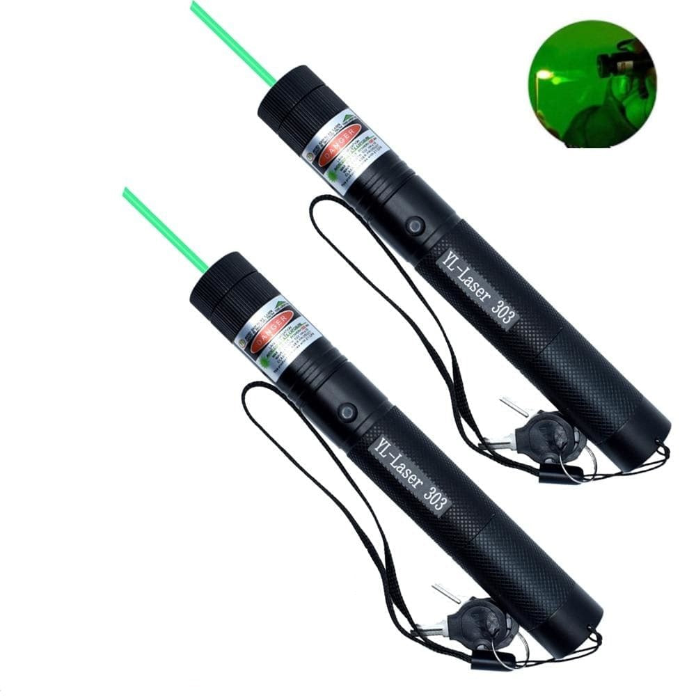 Zwei schwarze Laserpointer 303, grün, Hochleistung, mit Schlüssel, für Präsentationen.