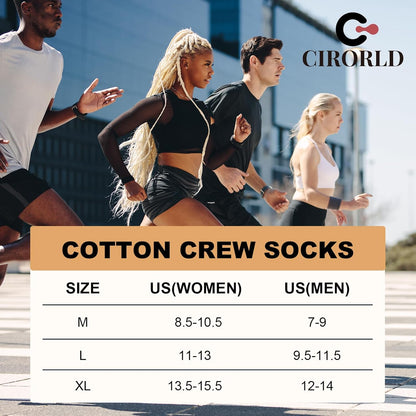 Läufer in Sportkleidung, Größentabelle für Baumwollsocken, Cirorld-Logo, urbaner Hintergrund.