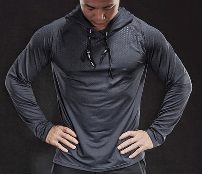 Graues Herren-Langarm-Sportshirt mit Kapuze, atmungsaktiv, ideal zum Laufen.