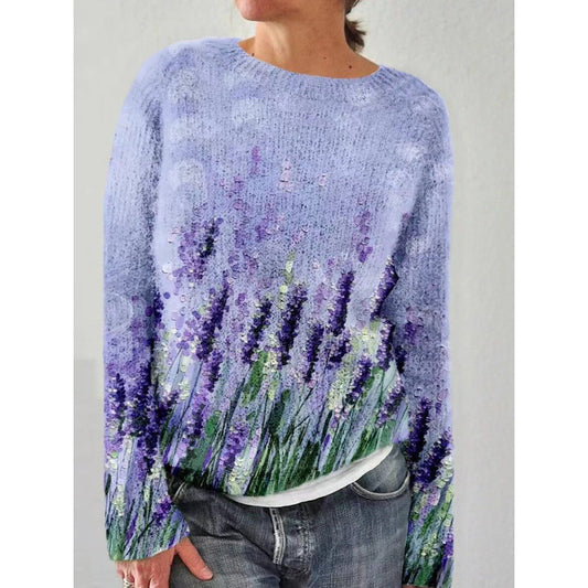 Damenpullover Lavendelmotiv, lila, Strick, lässig, modisch, bequem, Herbstmode.