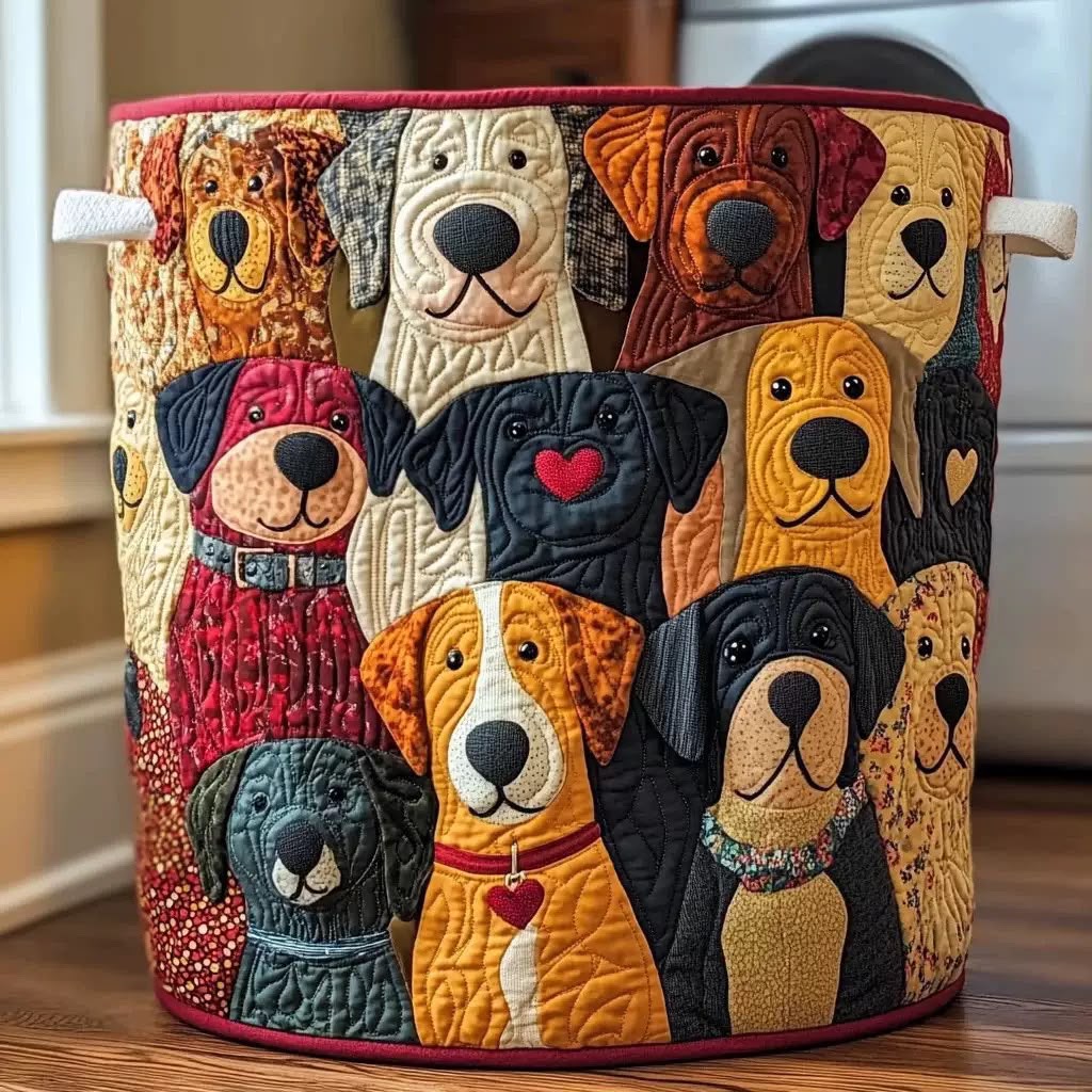 Runder gesteppter Wäschekorb mit bunten applizierten Hundegesichtern und hellen Stoffgriffen, frontal auf einem Holzboden vor einer Waschmaschine. 1