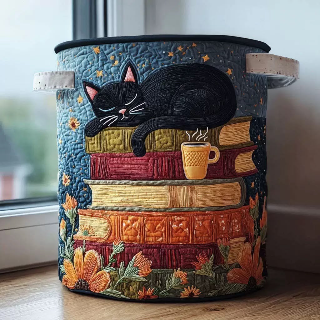 Runder gesteppter Wäschekorb mit zwei Stoffgriffen, bestickt mit schlafender schwarzer Katze auf Bücherstapel neben dampfender Tasse, auf einer Fensterbank. 1