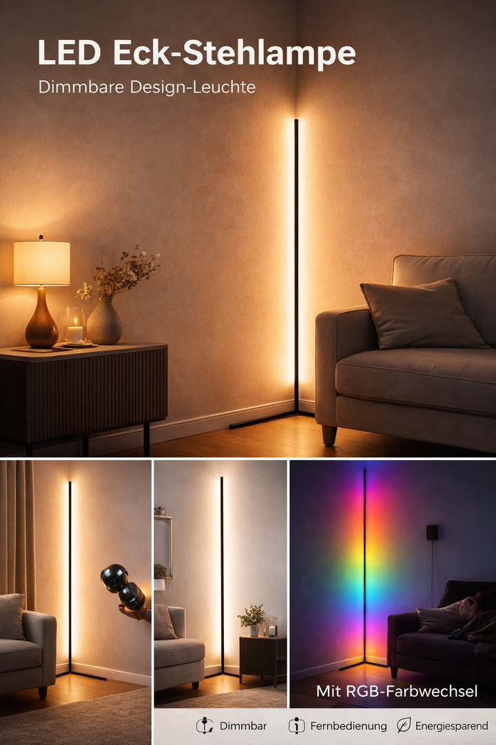 Werbecollage der Eckstehlampe mit warmem Licht im Wohnzimmer und RGB-Farbwechsel, dazu Symbole für Dimmfunktion, Fernbedienung und Energiesparen. 12