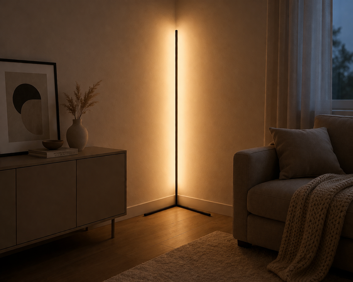 Eckstehlampe mit warmweißem, sanftem Licht in der Ecke eines abendlichen Wohnzimmers, neben Sideboard, Sofa und Strickdecke. 5