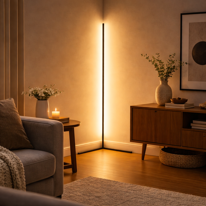 Eingeschaltete Eckstehlampe strahlt warmes, indirektes Licht in die Zimmerecke, daneben Sofa, Beistelltisch mit Kerze und Sideboard. 2