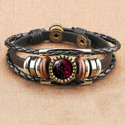 Vintage Lederarmband mit rotem Edelstein, geflochten, verstellbar, Unisex-Schmuck.