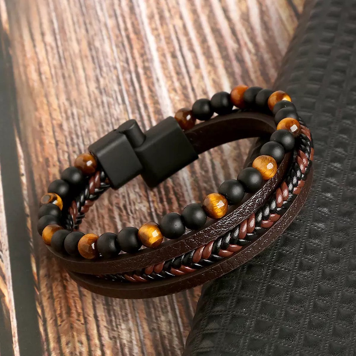 Herren Armband Leder, Holzperlen, schwarz-braun, modisch, Accessoire, Geschenkidee